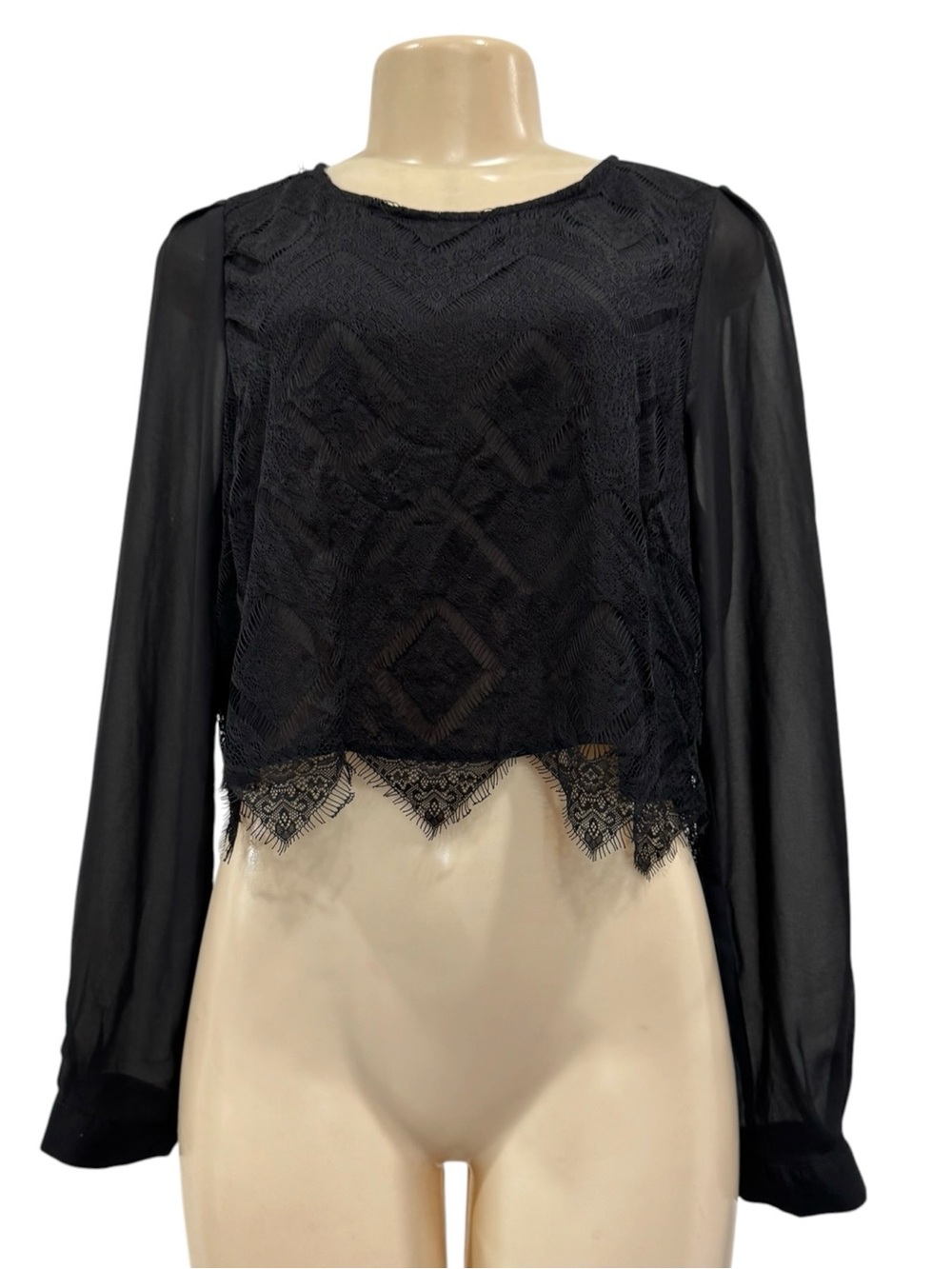 Whimsigoth Black Sheer Lace Overlay Long-Sleeve Crop Top Fairy Grunge Romantic